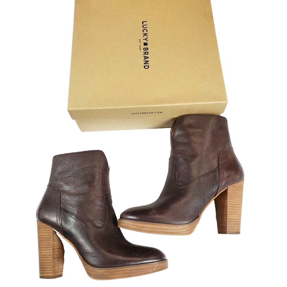 Lucky Brand Womens 11 Brown Ankle Boots Leather Bootie Stacked High Heel Queys